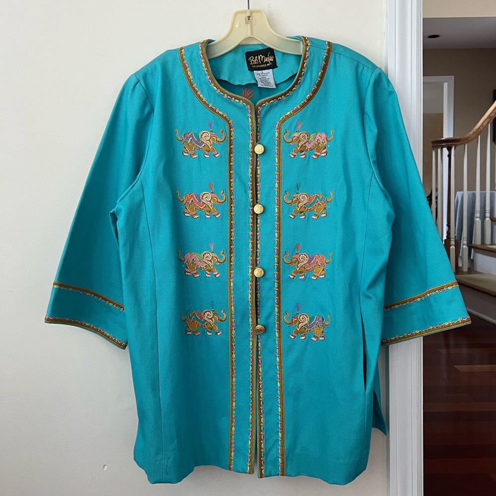 Vintage Bob Mackie Wearable Art Blue & Gold Elephant Button Up Tunic/Jacket Top